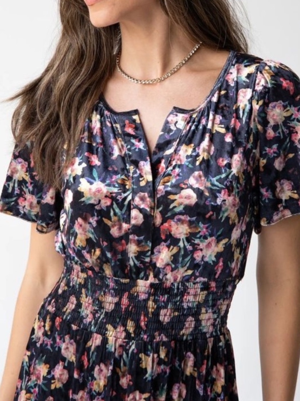 Natural Life Bella Velvet Floral Maxi Dress Large Smocked Boho Short Sleeve